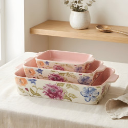 Floral Porcelain Casserole Set 3 Pcs